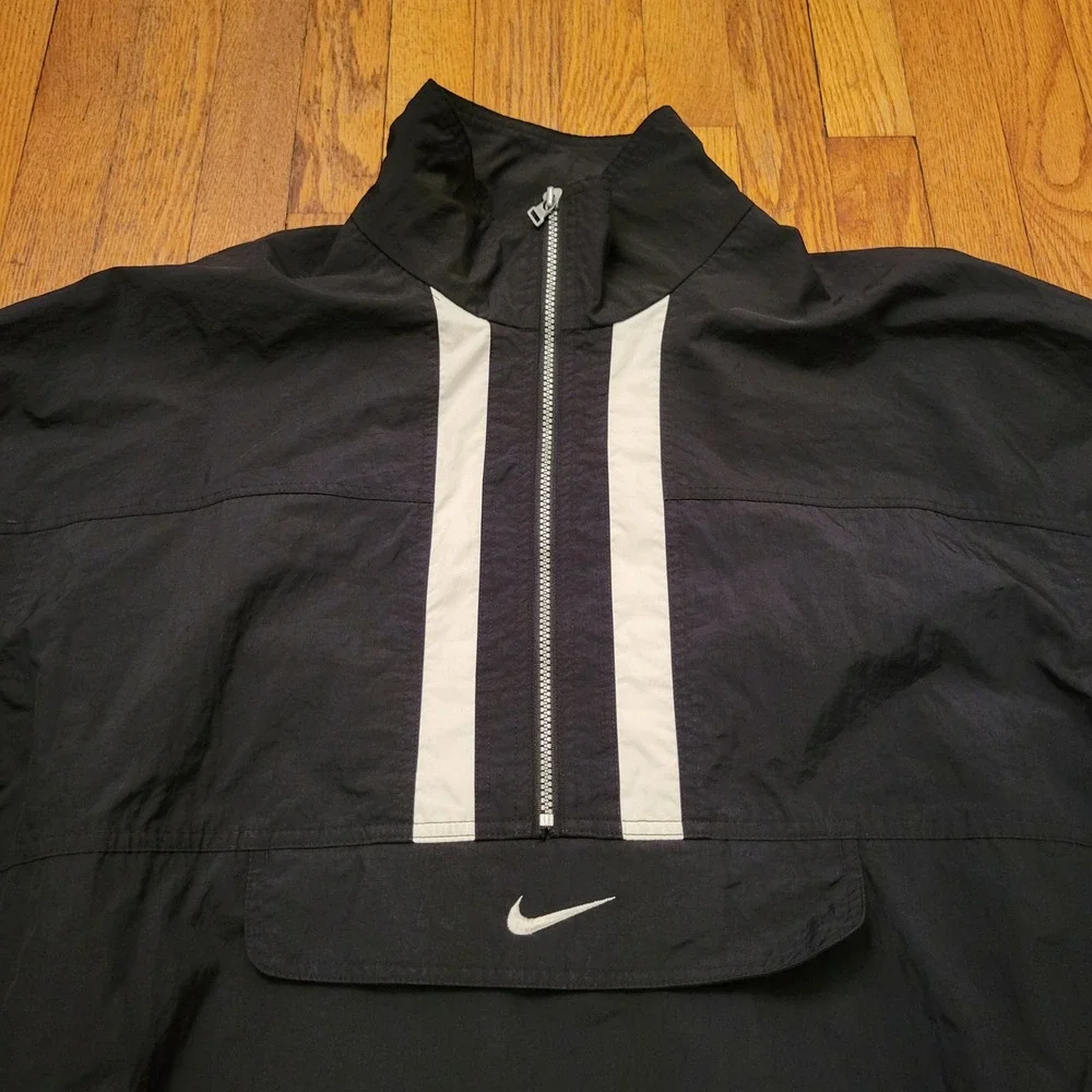 Nike XL Windbreaker‎ Black White Quarter Zip Stripe Vintage Pouch ANORAK 90s
